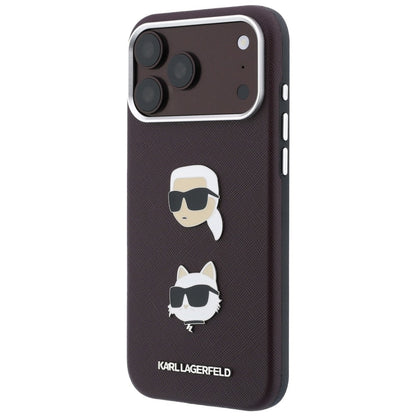 Pouzdro pro Apple iPhone 18 Pro / 17 Pro, Karl Lagerfeld, Saffiano Crossbody Karl & Choupette Head's Pins Logo, vínové