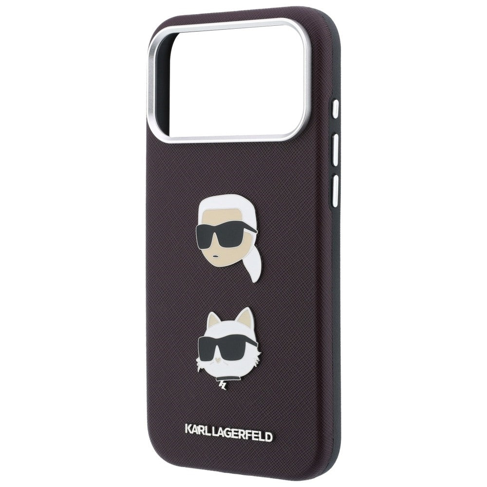 Pouzdro pro Apple iPhone 18 Pro / 17 Pro, Karl Lagerfeld, Saffiano Crossbody Karl & Choupette Head's Pins Logo, vínové