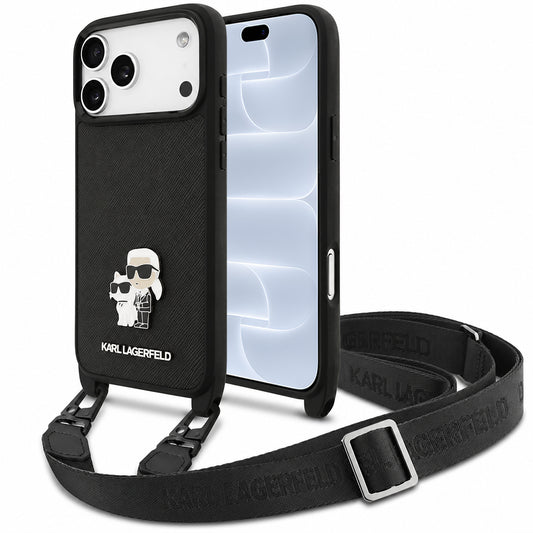 Pouzdro pro Apple iPhone 18 Pro / 17 Pro, Karl Lagerfeld, Saffiano Crossbody Metal Pin Karl & Choupette, černé