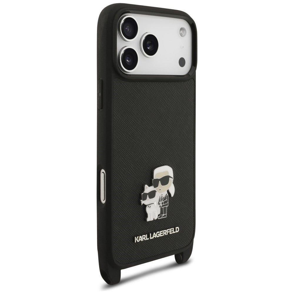 Pouzdro pro Apple iPhone 18 Pro / 17 Pro, Karl Lagerfeld, Saffiano Crossbody Metal Pin Karl & Choupette, černé