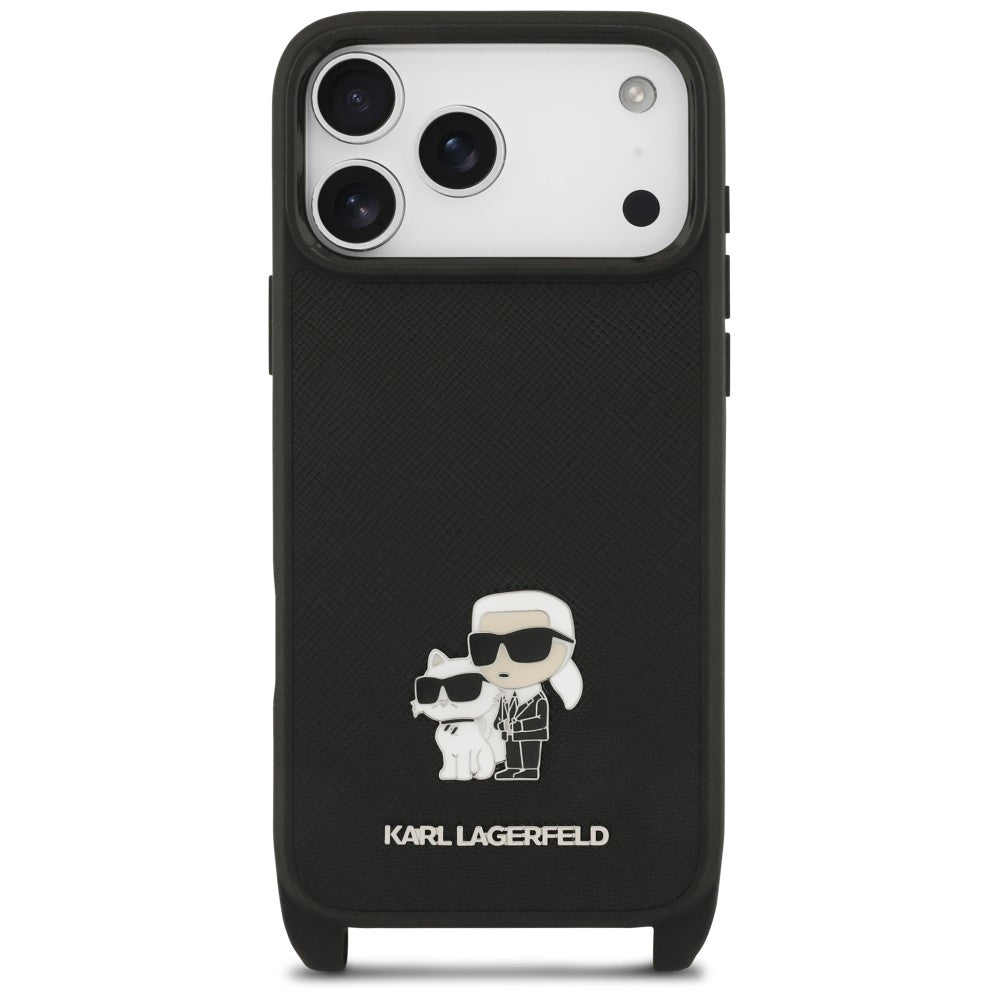 Pouzdro pro Apple iPhone 18 Pro / 17 Pro, Karl Lagerfeld, Saffiano Crossbody Metal Pin Karl & Choupette, černé