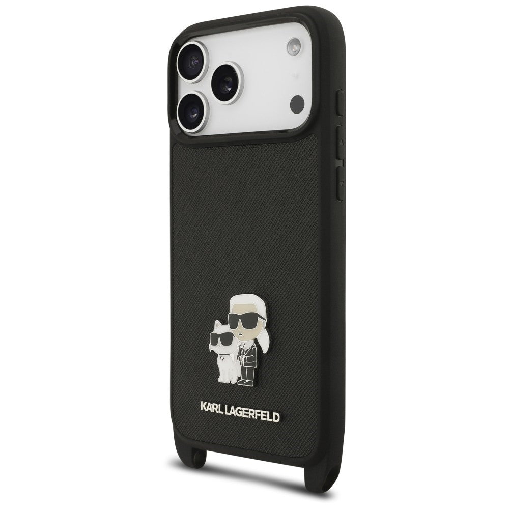 Pouzdro pro Apple iPhone 18 Pro / 17 Pro, Karl Lagerfeld, Saffiano Crossbody Metal Pin Karl & Choupette, černé