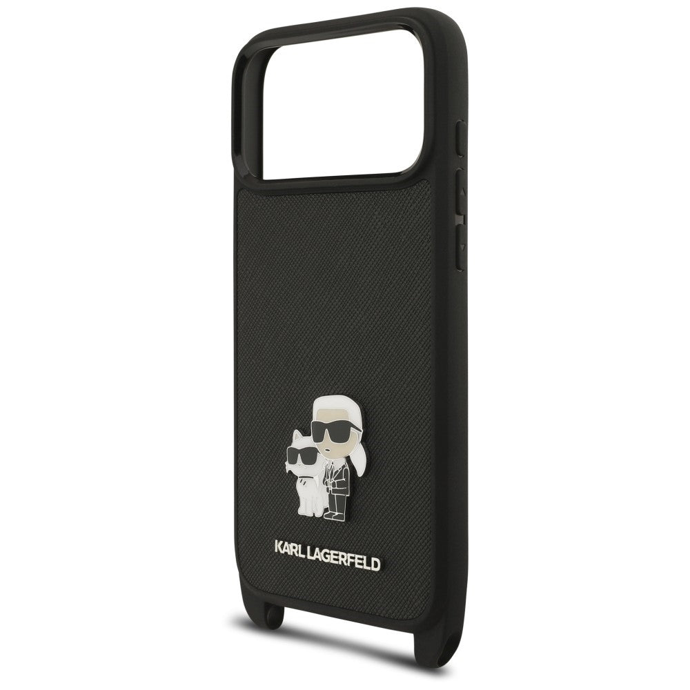 Pouzdro pro Apple iPhone 18 Pro / 17 Pro, Karl Lagerfeld, Saffiano Crossbody Metal Pin Karl & Choupette, černé