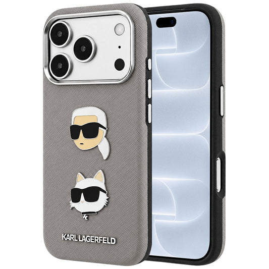 Case for Apple iPhone 18 Pro / 17 Pro, Karl Lagerfeld, Saffiano with Karl & Choupette Head's Pin and Logo, Gray