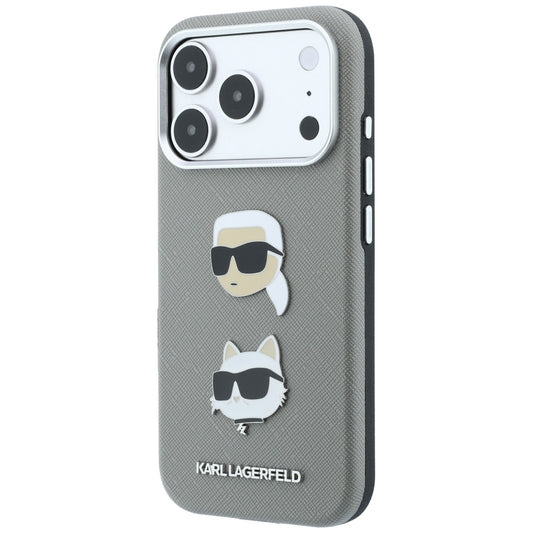 Case for Apple iPhone 18 Pro / 17 Pro, Karl Lagerfeld, Saffiano with Karl & Choupette Head's Pin and Logo, Gray