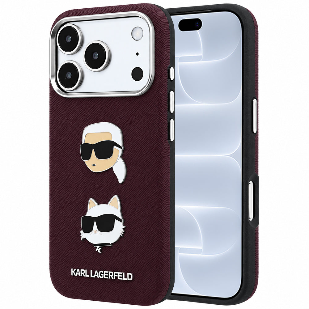 Pouzdro pro Apple iPhone 18 Pro / 17 Pro, Karl Lagerfeld, Saffiano s připínáčkem hlavy Karla & Choupette a logem, vínové