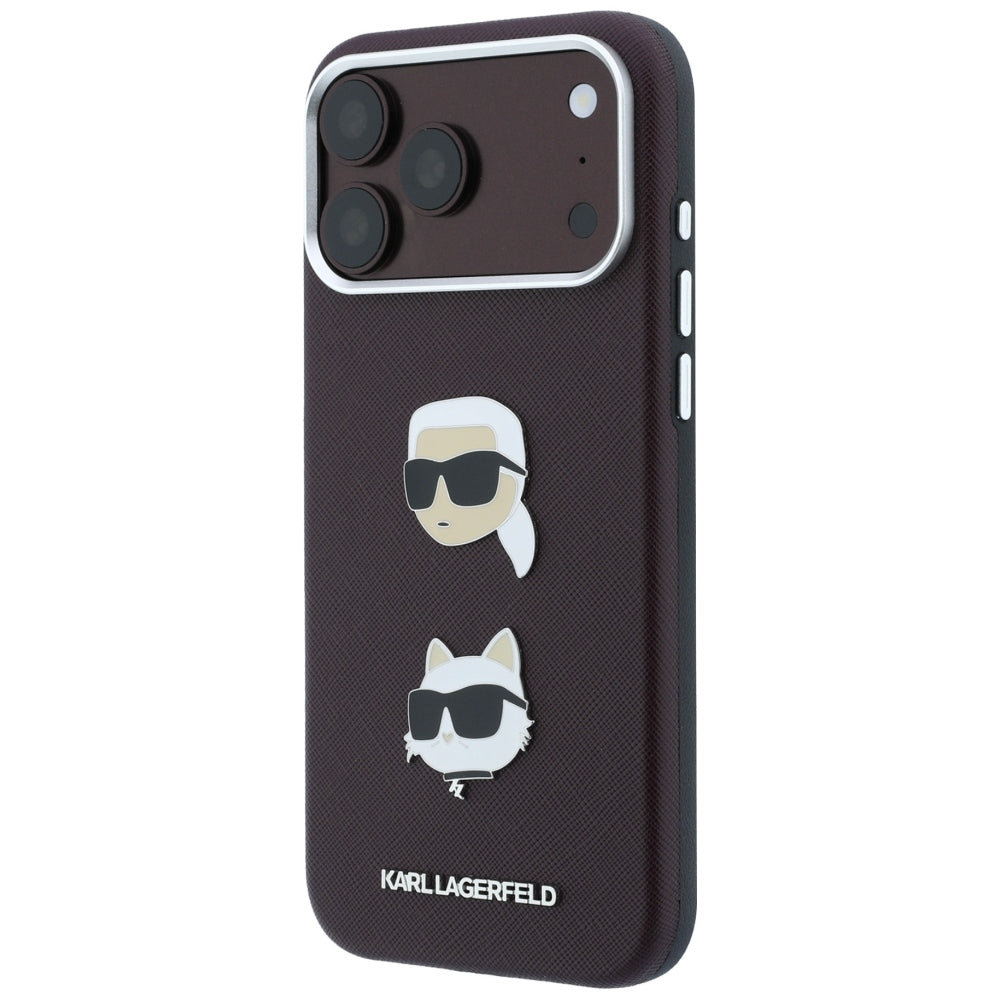 Pouzdro pro Apple iPhone 18 Pro / 17 Pro, Karl Lagerfeld, Saffiano s připínáčkem hlavy Karla & Choupette a logem, vínové