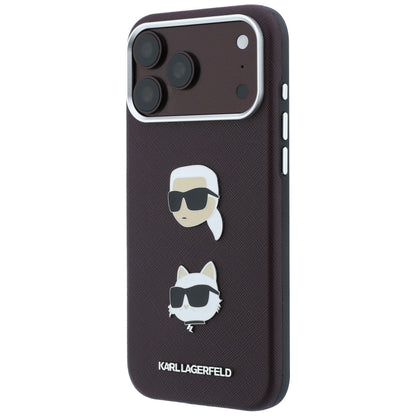 Pouzdro pro Apple iPhone 18 Pro / 17 Pro, Karl Lagerfeld, Saffiano s připínáčkem hlavy Karla & Choupette a logem, vínové