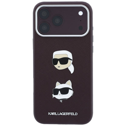 Pouzdro pro Apple iPhone 18 Pro / 17 Pro, Karl Lagerfeld, Saffiano s připínáčkem hlavy Karla & Choupette a logem, vínové
