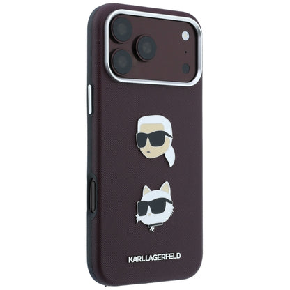Pouzdro pro Apple iPhone 18 Pro / 17 Pro, Karl Lagerfeld, Saffiano s připínáčkem hlavy Karla & Choupette a logem, vínové