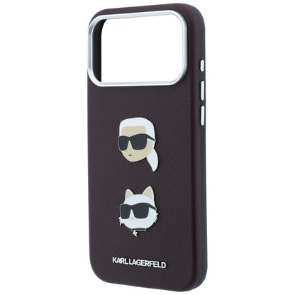 Pouzdro pro Apple iPhone 18 Pro / 17 Pro, Karl Lagerfeld, Saffiano s připínáčkem hlavy Karla & Choupette a logem, vínové