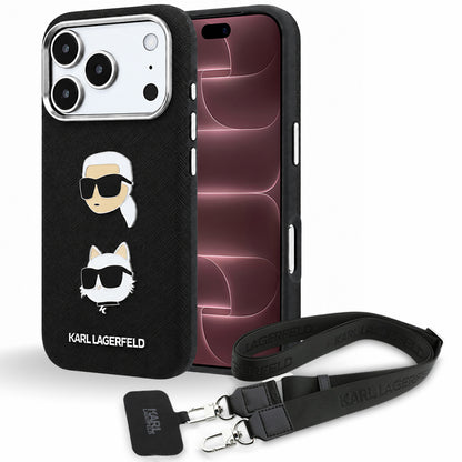 Pouzdro pro Apple iPhone 18 Pro Max / 17 Pro Max, Karl Lagerfeld, Saffiano Crossbody Karl & Choupette Head's Pins Logo, černé