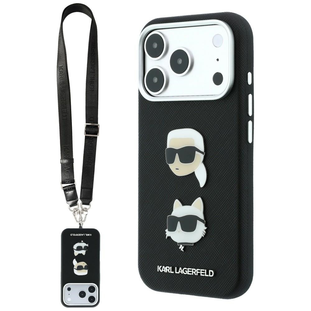 Pouzdro pro Apple iPhone 18 Pro Max / 17 Pro Max, Karl Lagerfeld, Saffiano Crossbody Karl & Choupette Head's Pins Logo, černé
