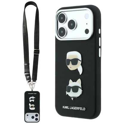 Pouzdro pro Apple iPhone 18 Pro Max / 17 Pro Max, Karl Lagerfeld, Saffiano Crossbody Karl & Choupette Head's Pins Logo, černé