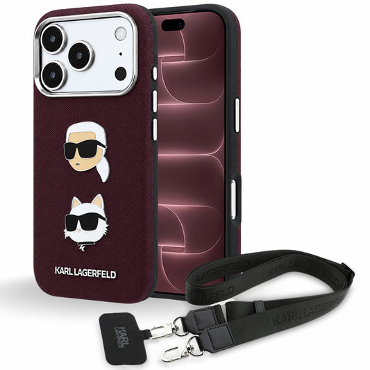 Pouzdro pro Apple iPhone 18 Pro Max / 17 Pro Max, Karl Lagerfeld, Saffiano Crossbody Karl & Choupette Head's Pins Logo, vínové