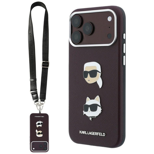 Pouzdro pro Apple iPhone 18 Pro Max / 17 Pro Max, Karl Lagerfeld, Saffiano Crossbody Karl & Choupette Head's Pins Logo, vínové