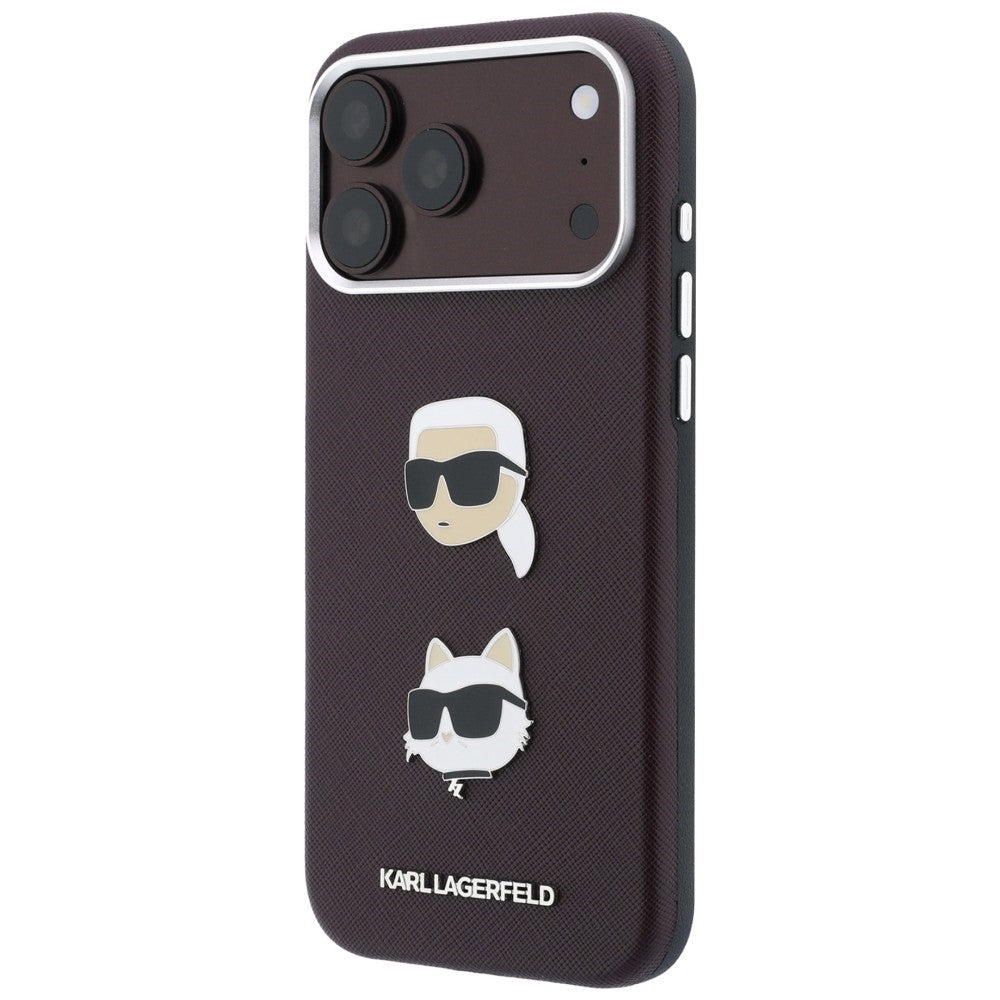 Case for Apple iPhone 18 Pro Max / 17 Pro Max, Karl Lagerfeld, Saffiano Crossbody Karl & Choupette Head's Pins Logo, Burgundy