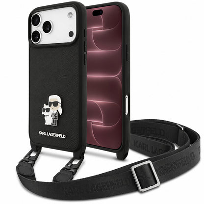 Pouzdro pro Apple iPhone 18 Pro Max / 17 Pro Max, Karl Lagerfeld, Saffiano Crossbody Metal Pin Karl & Choupette, černé