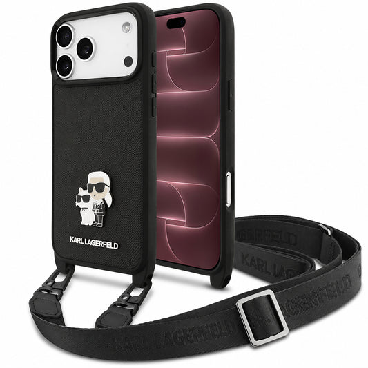 Pouzdro pro Apple iPhone 18 Pro Max / 17 Pro Max, Karl Lagerfeld, Saffiano Crossbody Metal Pin Karl & Choupette, černé