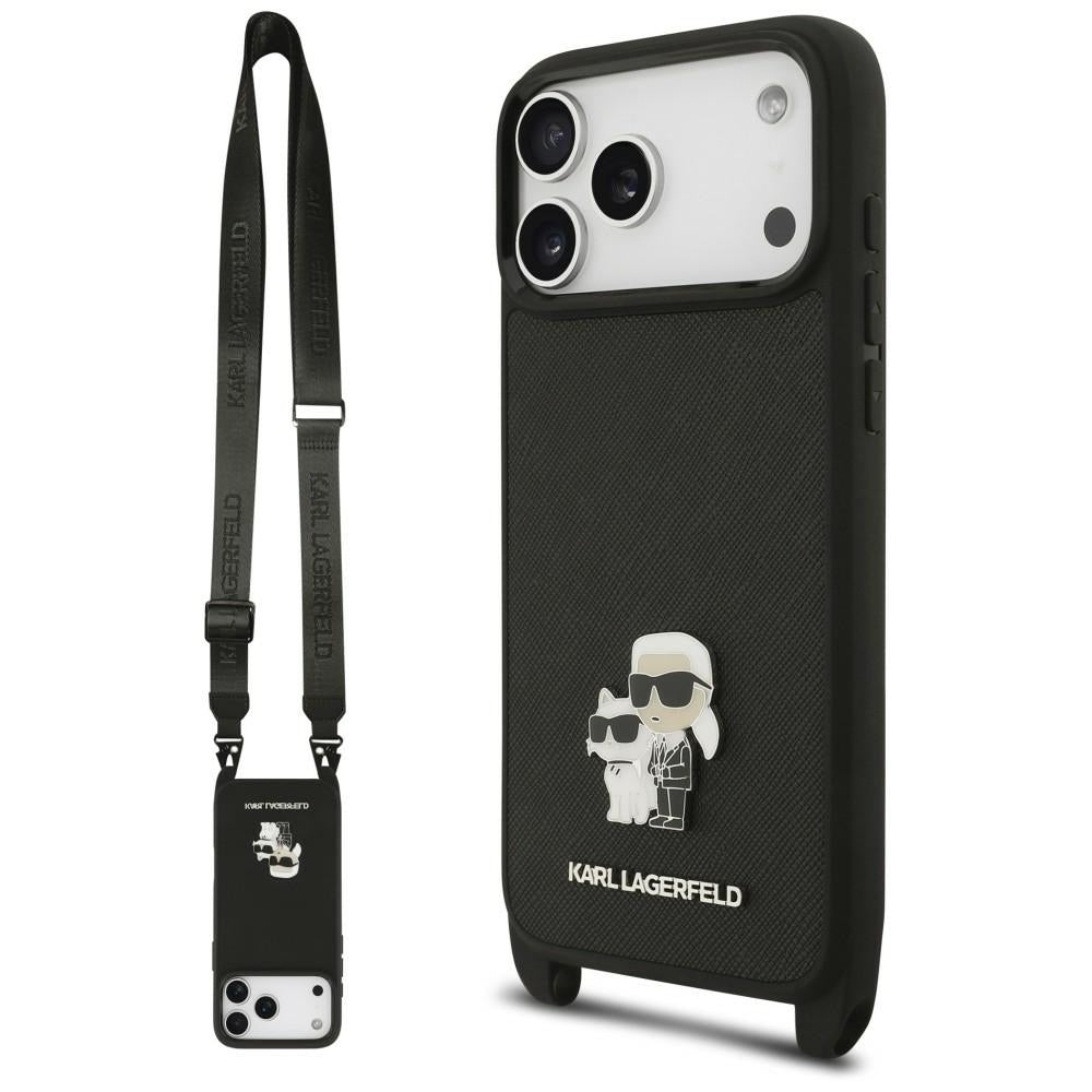Pouzdro pro Apple iPhone 18 Pro Max / 17 Pro Max, Karl Lagerfeld, Saffiano Crossbody Metal Pin Karl & Choupette, černé