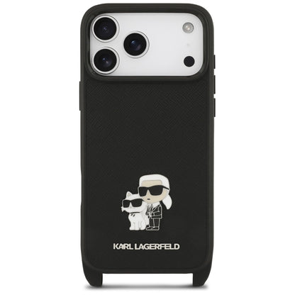 Pouzdro pro Apple iPhone 18 Pro Max / 17 Pro Max, Karl Lagerfeld, Saffiano Crossbody Metal Pin Karl & Choupette, černé
