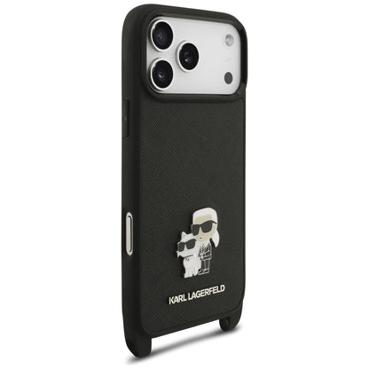 Pouzdro pro Apple iPhone 18 Pro Max / 17 Pro Max, Karl Lagerfeld, Saffiano Crossbody Metal Pin Karl & Choupette, černé