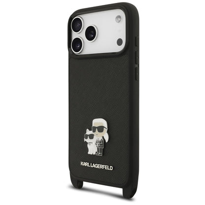 Pouzdro pro Apple iPhone 18 Pro Max / 17 Pro Max, Karl Lagerfeld, Saffiano Crossbody Metal Pin Karl & Choupette, černé