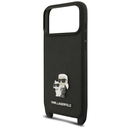 Pouzdro pro Apple iPhone 18 Pro Max / 17 Pro Max, Karl Lagerfeld, Saffiano Crossbody Metal Pin Karl & Choupette, černé