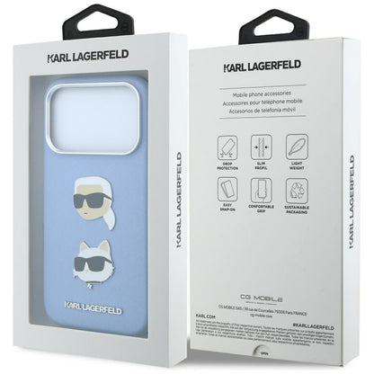 Case for Apple iPhone 18 Pro Max / 17 Pro Max, Karl Lagerfeld, Saffiano with Karl & Choupette Head's Pin and Logo, Blue
