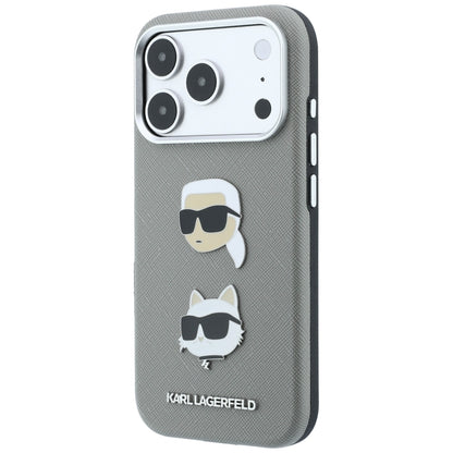 Case for Apple iPhone 18 Pro Max / 17 Pro Max, Karl Lagerfeld, Saffiano with Karl & Choupette Head's Pin and Logo, Gray