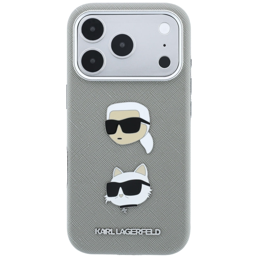 Case for Apple iPhone 18 Pro Max / 17 Pro Max, Karl Lagerfeld, Saffiano with Karl & Choupette Head's Pin and Logo, Gray