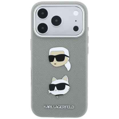Case for Apple iPhone 18 Pro Max / 17 Pro Max, Karl Lagerfeld, Saffiano with Karl & Choupette Head's Pin and Logo, Gray