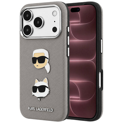 Case for Apple iPhone 18 Pro Max / 17 Pro Max, Karl Lagerfeld, Saffiano with Karl & Choupette Head's Pin and Logo, Gray