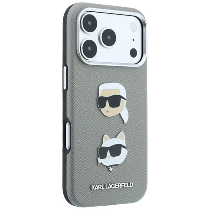 Case for Apple iPhone 18 Pro Max / 17 Pro Max, Karl Lagerfeld, Saffiano with Karl & Choupette Head's Pin and Logo, Gray