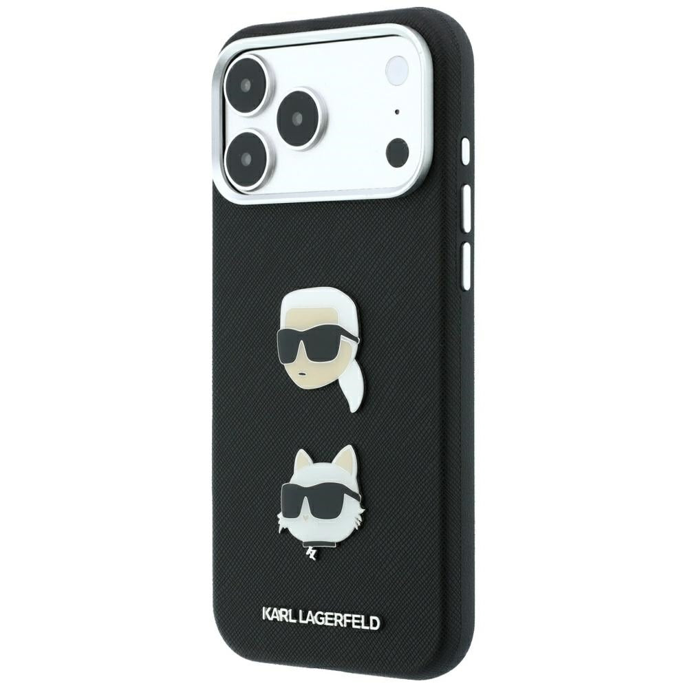 Pouzdro pro Apple iPhone 18 Pro Max / 17 Pro Max, Karl Lagerfeld, Saffiano s připínáčkem hlavy Karla & Choupette a logem, černé