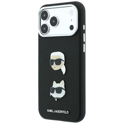 Pouzdro pro Apple iPhone 18 Pro Max / 17 Pro Max, Karl Lagerfeld, Saffiano s připínáčkem hlavy Karla & Choupette a logem, černé