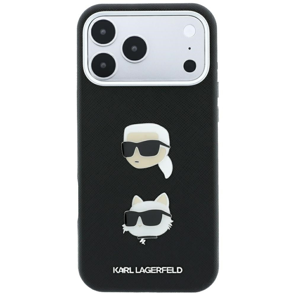 Pouzdro pro Apple iPhone 18 Pro Max / 17 Pro Max, Karl Lagerfeld, Saffiano s připínáčkem hlavy Karla & Choupette a logem, černé