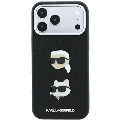 Pouzdro pro Apple iPhone 18 Pro Max / 17 Pro Max, Karl Lagerfeld, Saffiano s připínáčkem hlavy Karla & Choupette a logem, černé