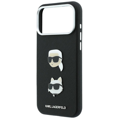 Pouzdro pro Apple iPhone 18 Pro Max / 17 Pro Max, Karl Lagerfeld, Saffiano s připínáčkem hlavy Karla & Choupette a logem, černé