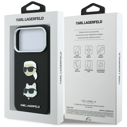 Pouzdro pro Apple iPhone 18 Pro Max / 17 Pro Max, Karl Lagerfeld, Saffiano s připínáčkem hlavy Karla & Choupette a logem, černé