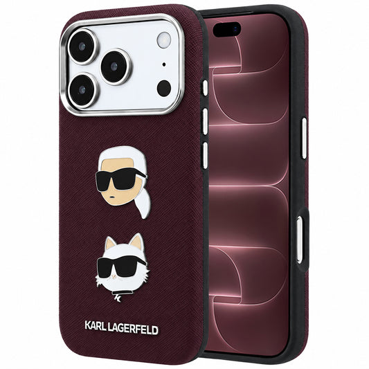 Pouzdro pro Apple iPhone 18 Pro Max / 17 Pro Max, Karl Lagerfeld, Saffiano s připínáčkem hlavy Karla & Choupette a logem, vínové