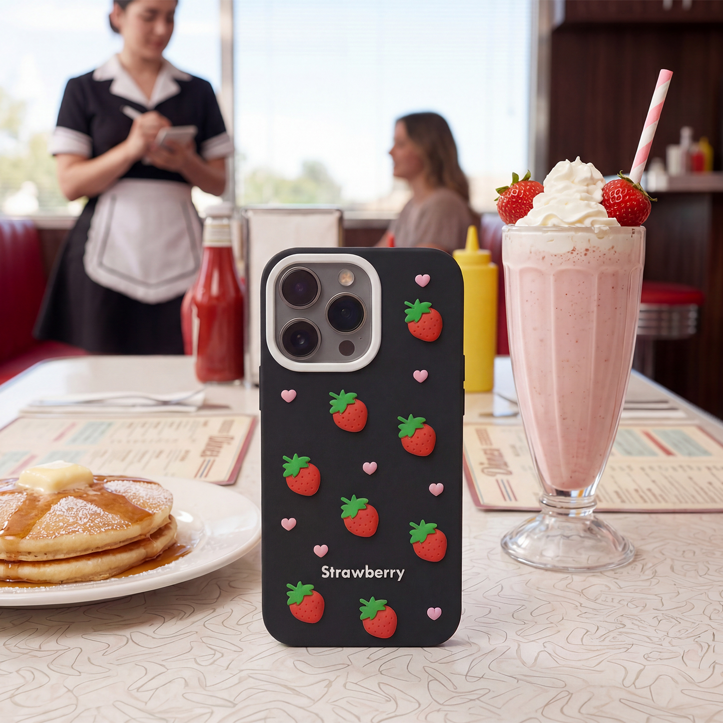 Pouzdro pro Apple iPhone 17 / 16, OEM, Strawberry, Černé