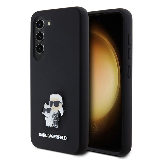 Pouzdro pro Samsung Galaxy S23 S911, Karl Lagerfeld, Silicone Karl & Choupette Metal, Černá
