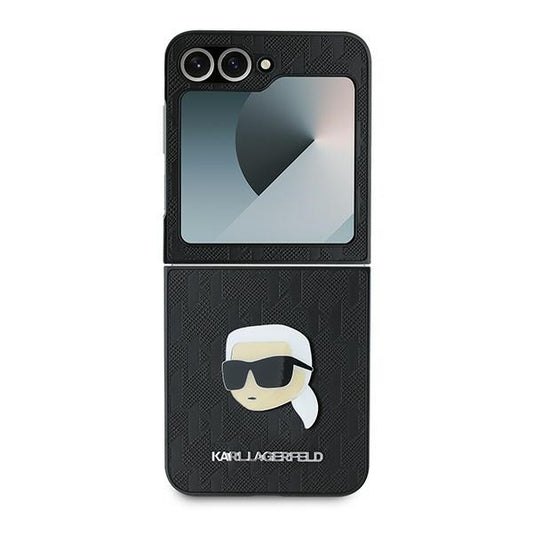 Pouzdro pro Samsung Galaxy Z Flip7 FE F761 / Z Flip6 F741, Karl Lagerfeld, Saffiano Monogram Karl's Head Metal, Černá