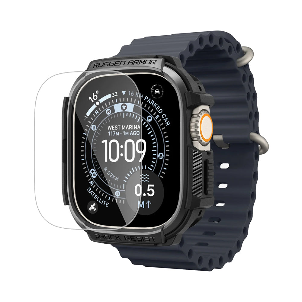 Pouzdro Spigen Rugged Armor s ochranným sklem pro Apple Watch Ultra Series, černé ACS11414