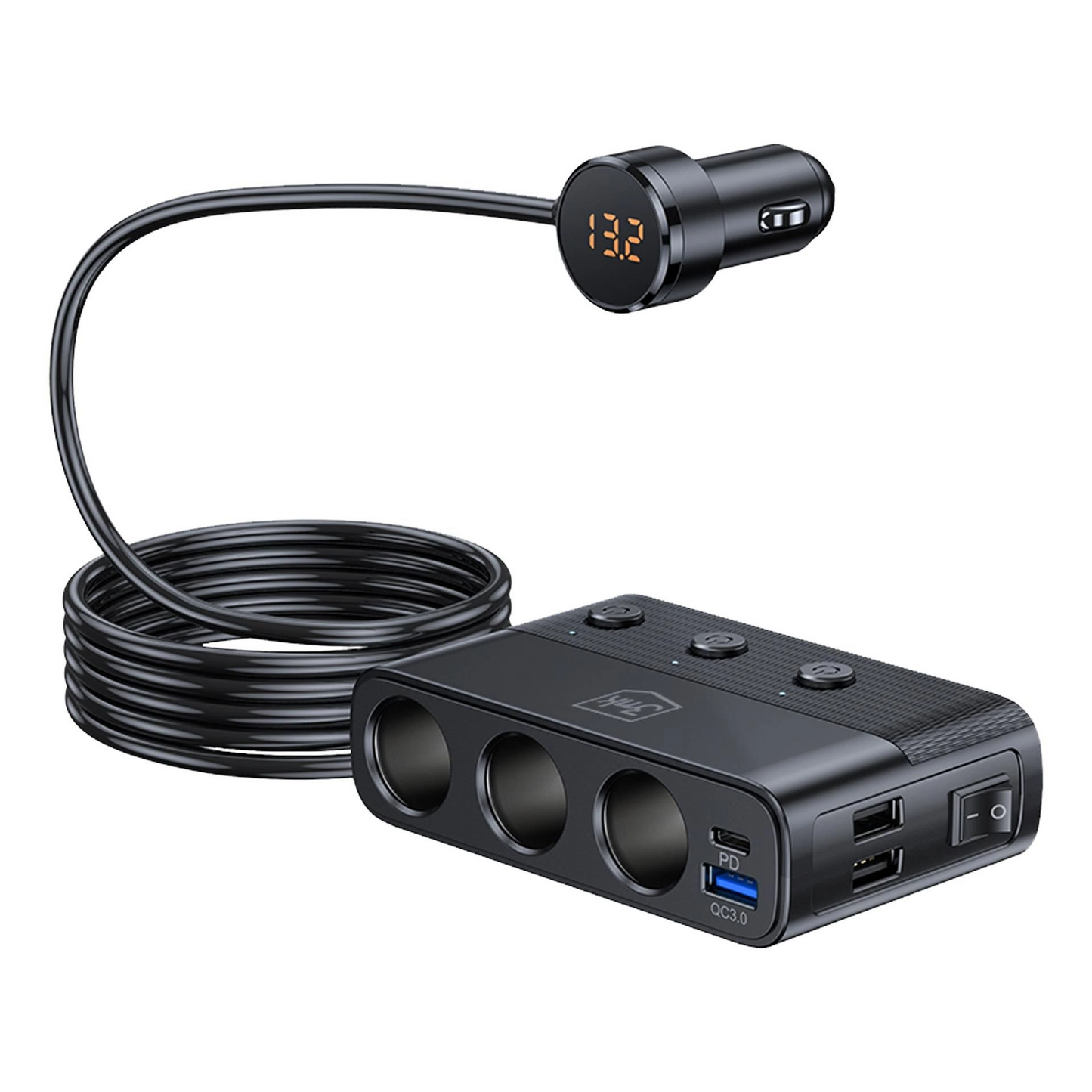 Auto nabíječka 3MK Power Splitter, 120W, 3A, 3 x USB-A - 1 x USB-C - 3 x Rozšíření zapalovače, Černá