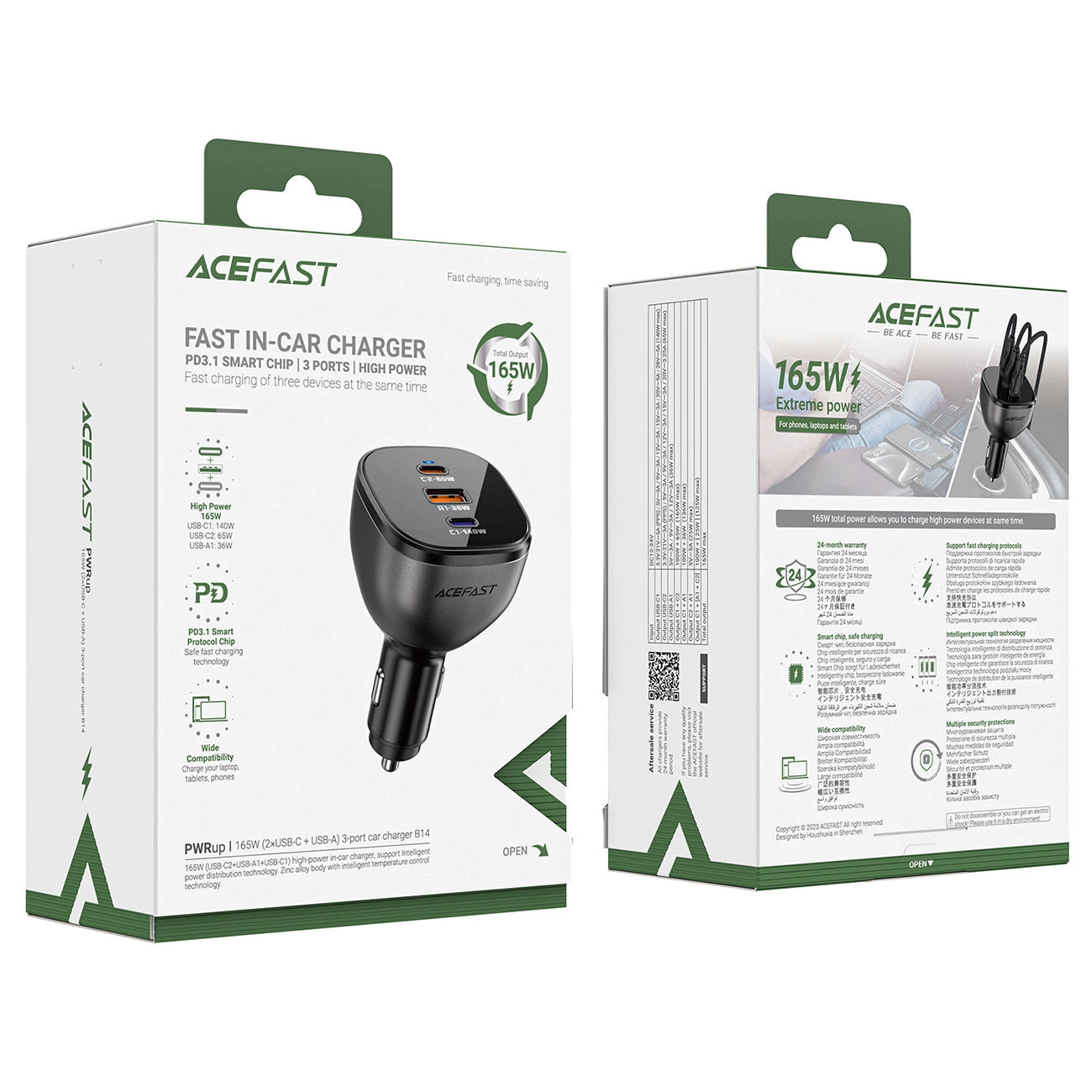 Auto nabíječka Acefast B14, 165W, 5A, 1 x USB-A - 2 x USB-C, Černá