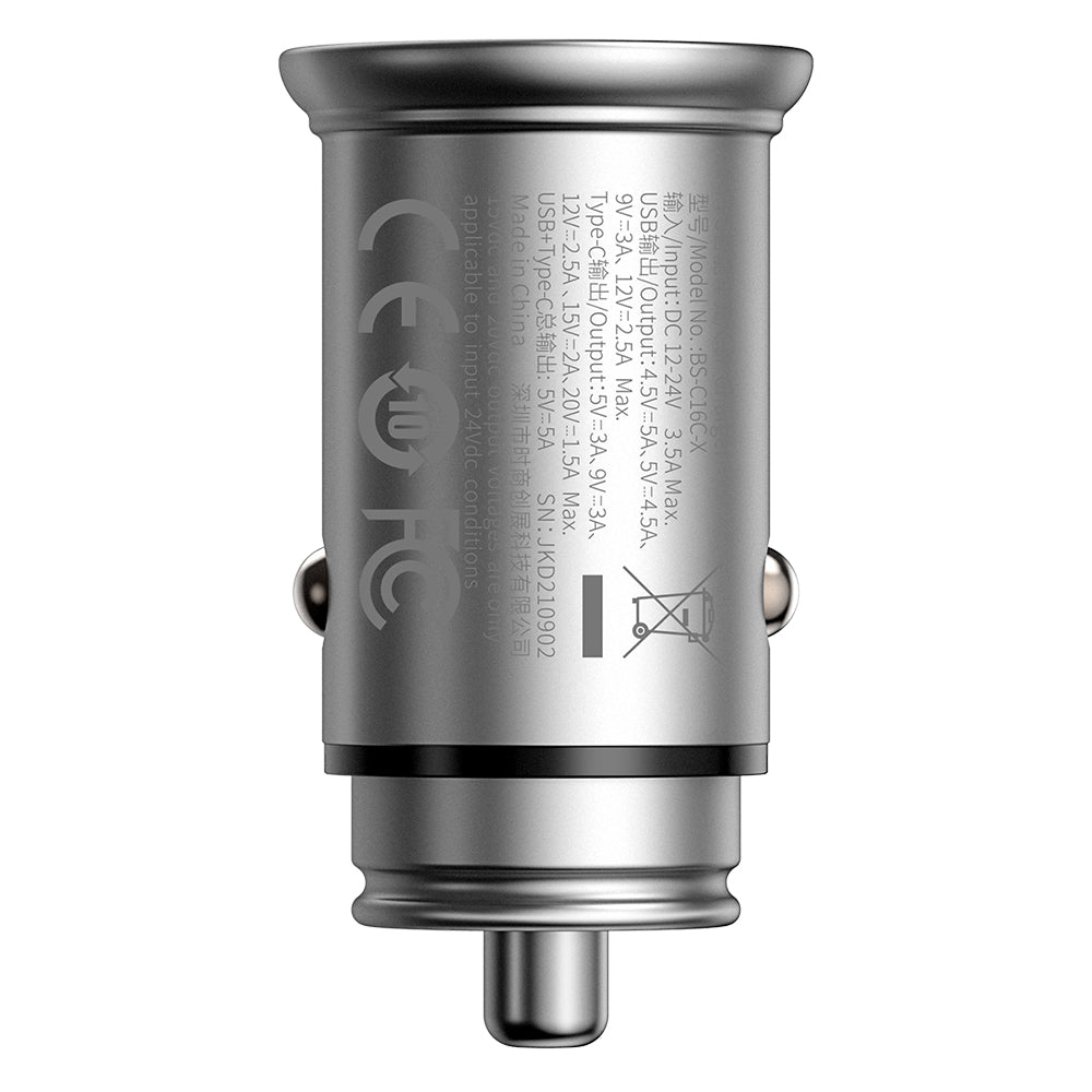 Incarcator Auto Baseus Circular Metal, 30W, 5A, 1 x USB-A - 1 x USB-C, Gri