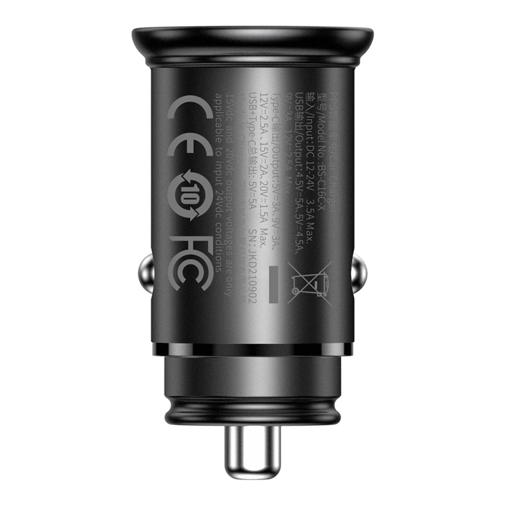 Baseus Circular Metal Car Charger, 30W, 5A, 1 x USB-A - 1 x USB-C, Black