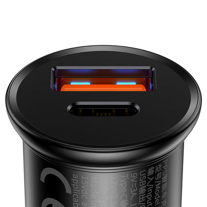 Baseus Circular Metal Car Charger, 30W, 5A, 1 x USB-A - 1 x USB-C, Black